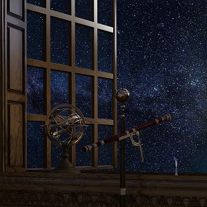 téléscope devant fenêtre ouverte sur les étoiles